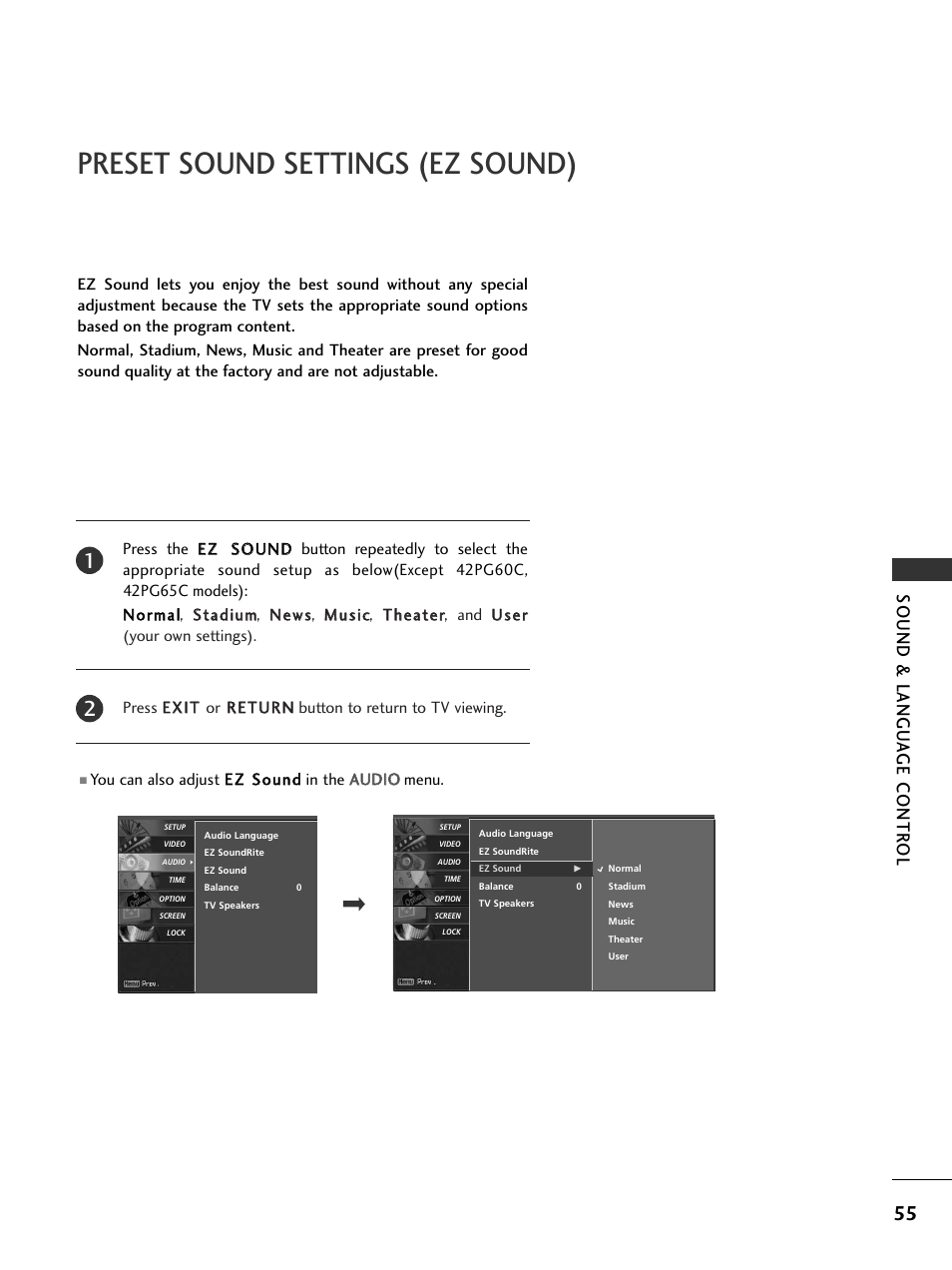 Preset sound settings (ez sound), Sound & langu a ge contr ol | LG 32LC5DCS User Manual | Page 57 / 90