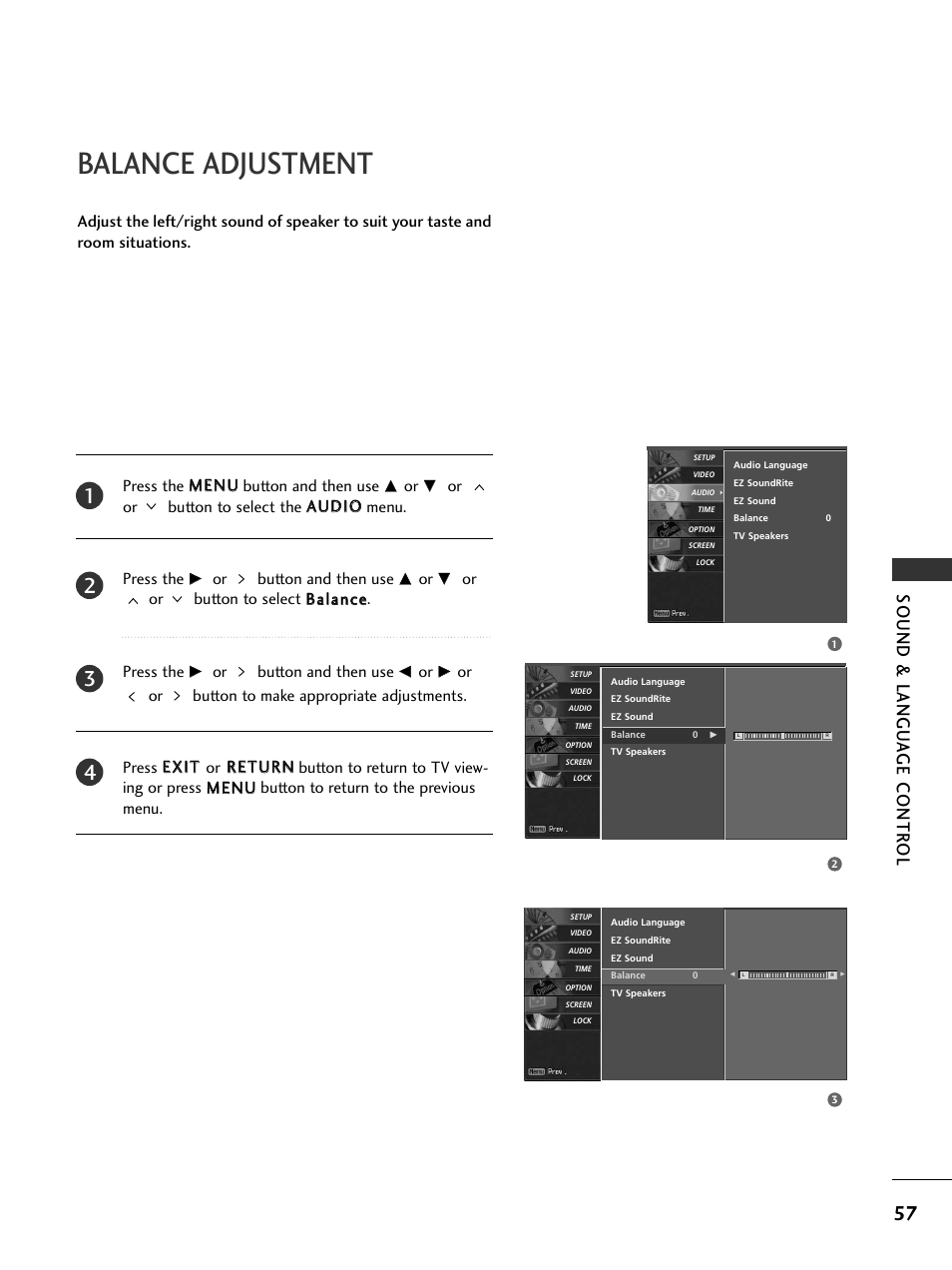 Balance adjustment, Sound & langu a ge contr ol, Or button and then use | Or or button to select b baallaan nccee. press the | LG 32LC5DCS User Manual | Page 59 / 90