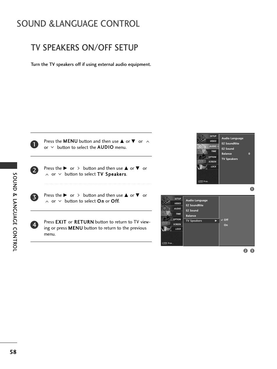 Tv speakers on/off setup, Sound &language control, Sound & langu a ge contr ol | LG 32LC5DCS User Manual | Page 60 / 90