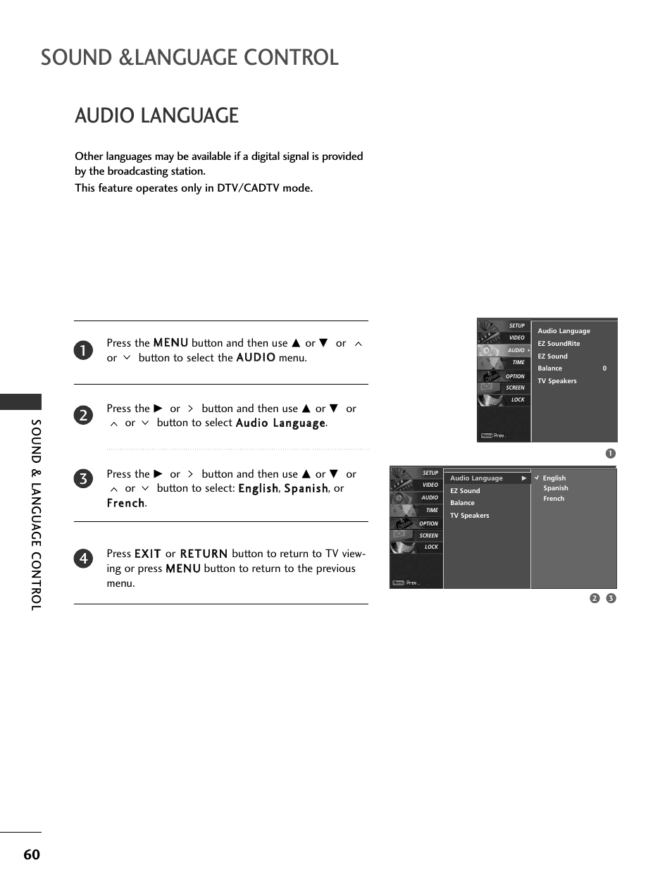 Audio language, Sound &language control, Sound & langu a ge contr ol | LG 32LC5DCS User Manual | Page 62 / 90