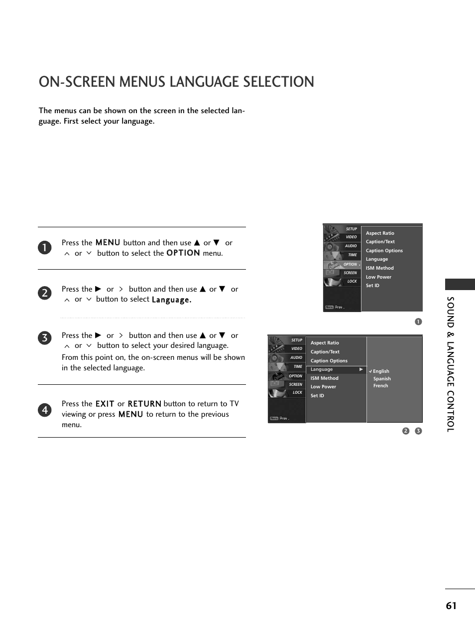 On-screen menus language selection, Sound & langu a ge contr ol | LG 32LC5DCS User Manual | Page 63 / 90