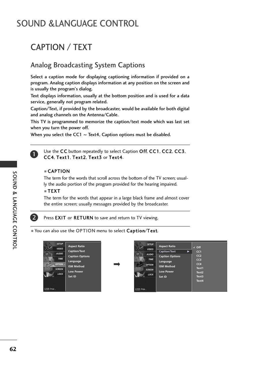 Caption / text, Analog broadcasting system captions, Sound &language control | Sound & langu a ge contr ol | LG 32LC5DCS User Manual | Page 64 / 90