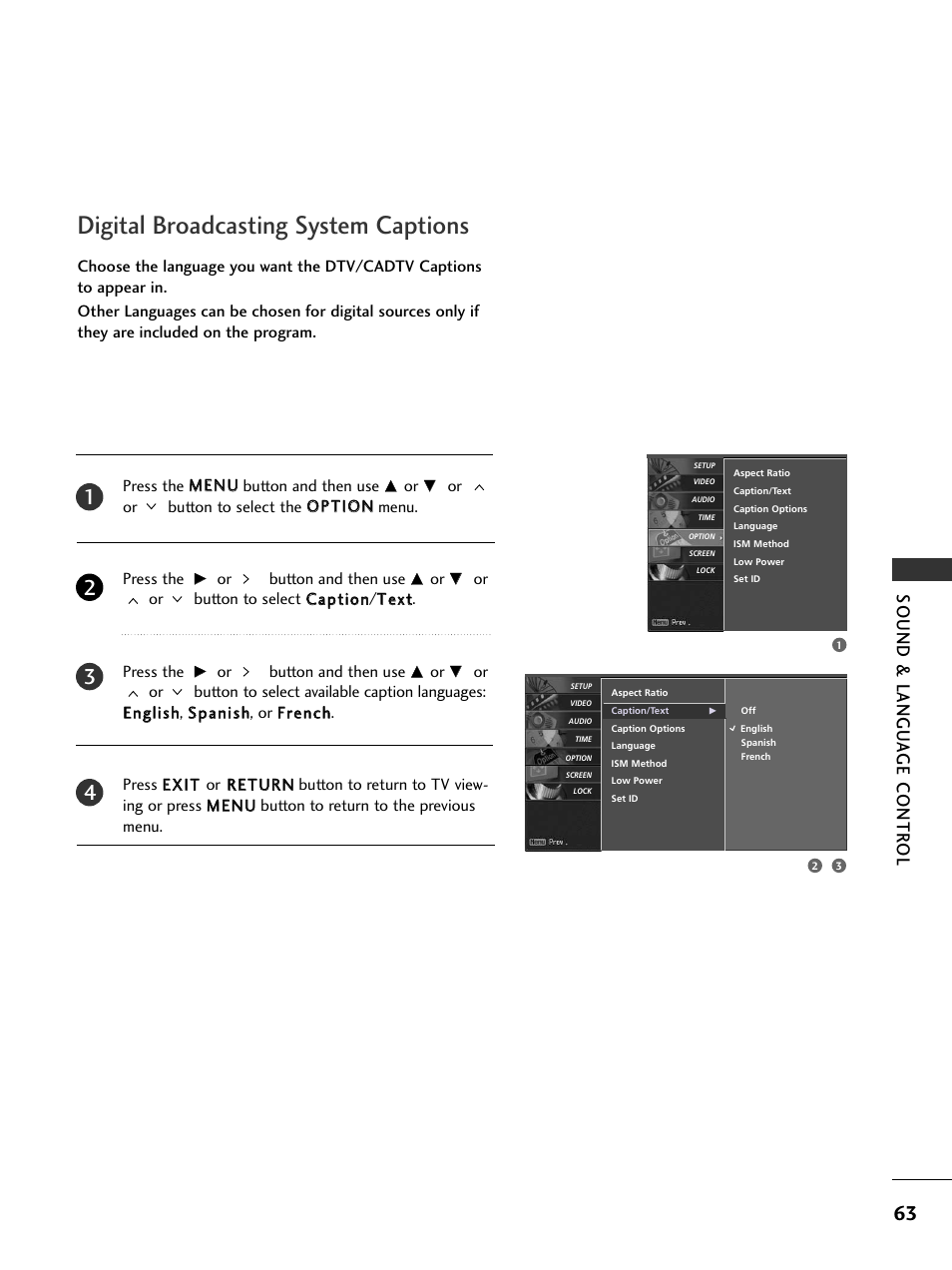 Digital broadcasting system captions, Sound & langu a ge contr ol | LG 32LC5DCS User Manual | Page 65 / 90