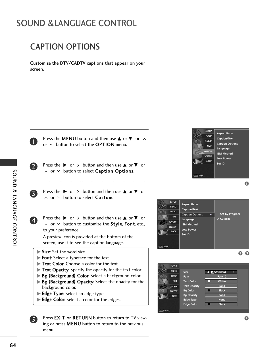 Caption options, Sound &language control, Sound & langu a ge contr ol | LG 32LC5DCS User Manual | Page 66 / 90