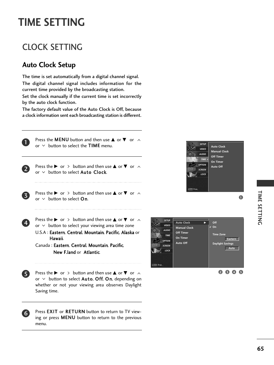 Time setting, Clock setting, Auto clock setup | LG 32LC5DCS User Manual | Page 67 / 90