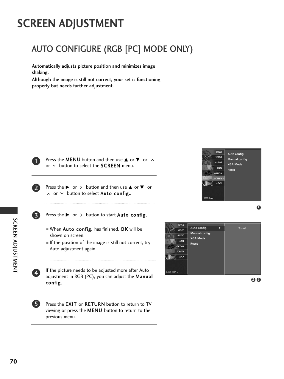 Screen adjustment, Auto configure (rgb [pc] mode only), Screen adjus tment | LG 32LC5DCS User Manual | Page 72 / 90