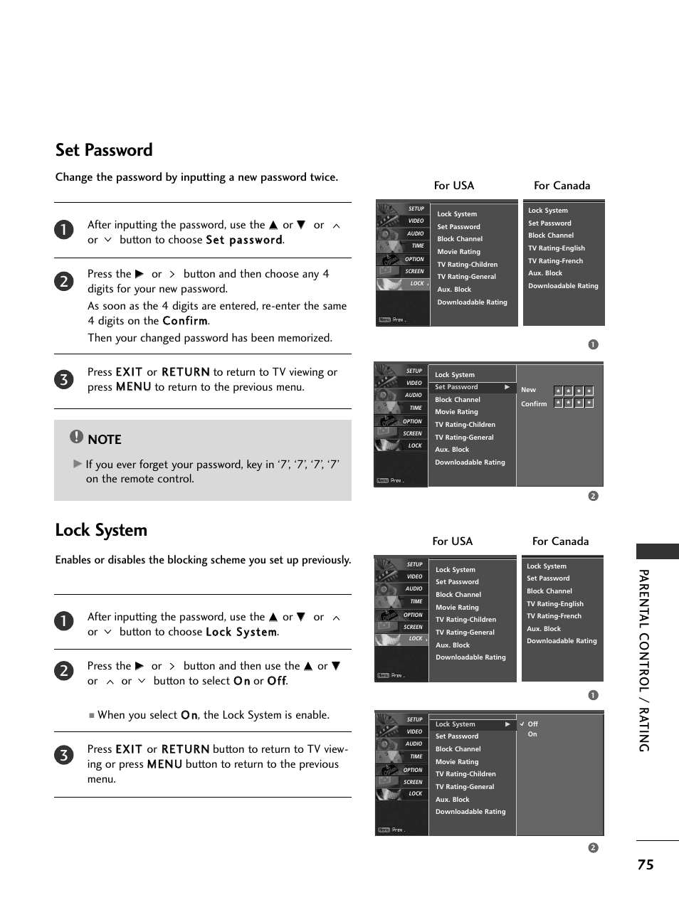 Set password, Lock system, Set password lock system | Parent al contr ol / r a ting | LG 32LC5DCS User Manual | Page 77 / 90