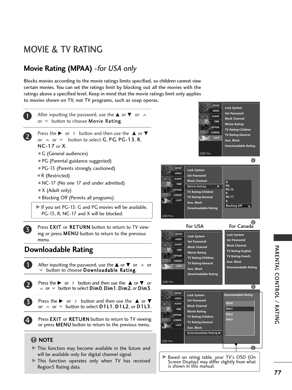 External input blocking, Movie & tv rating, Movie rating (mpaa) - for usa only | Downloadable rating, Parent al contr ol / r a ting | LG 32LC5DCS User Manual | Page 79 / 90