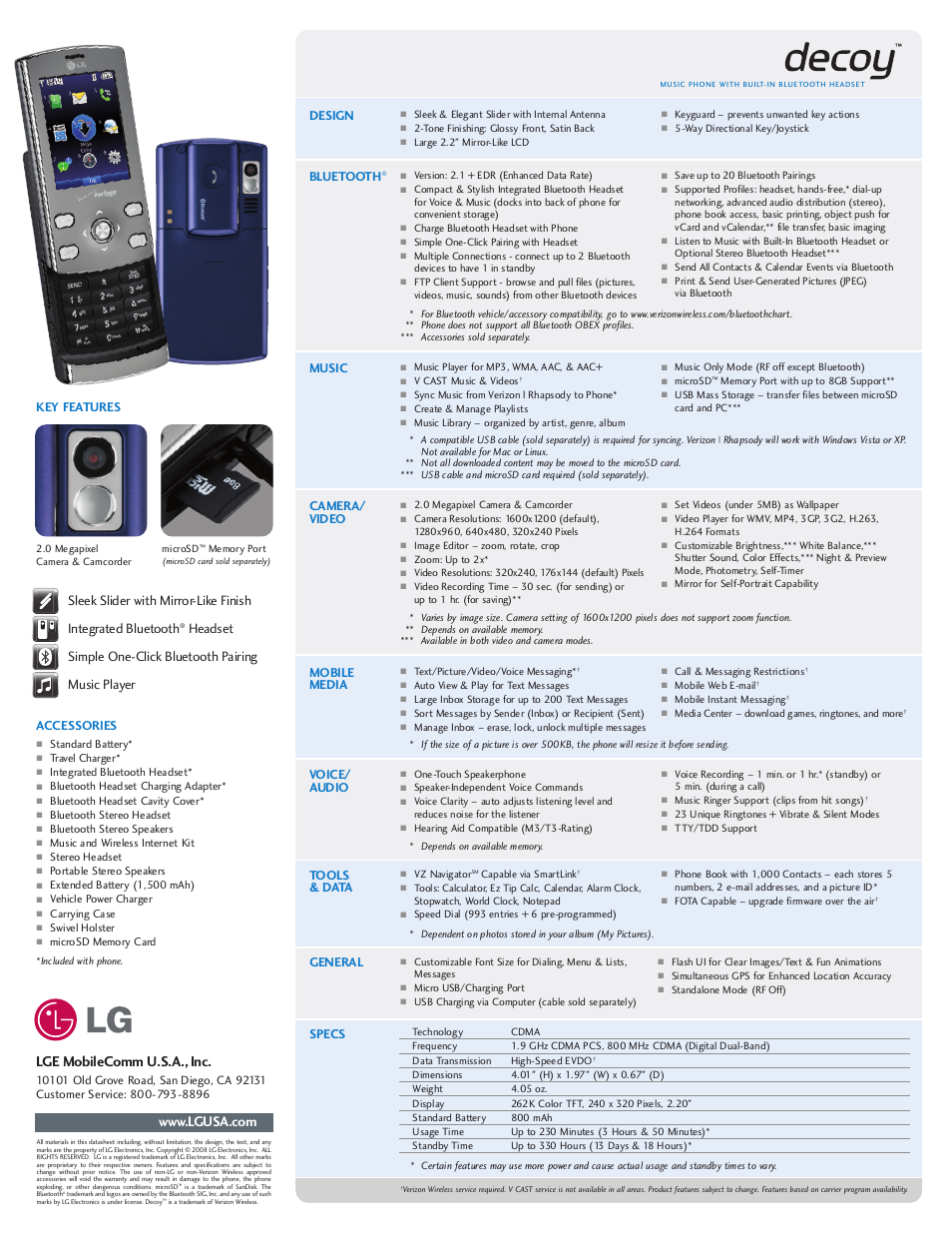 Lge mobilecomm u.s.a., inc, Accessories, Bluetooth | Design, Music, Camera/ video, Voice/ audio, Mobile media, Tools & data, General | LG Decoy User Manual | Page 2 / 2