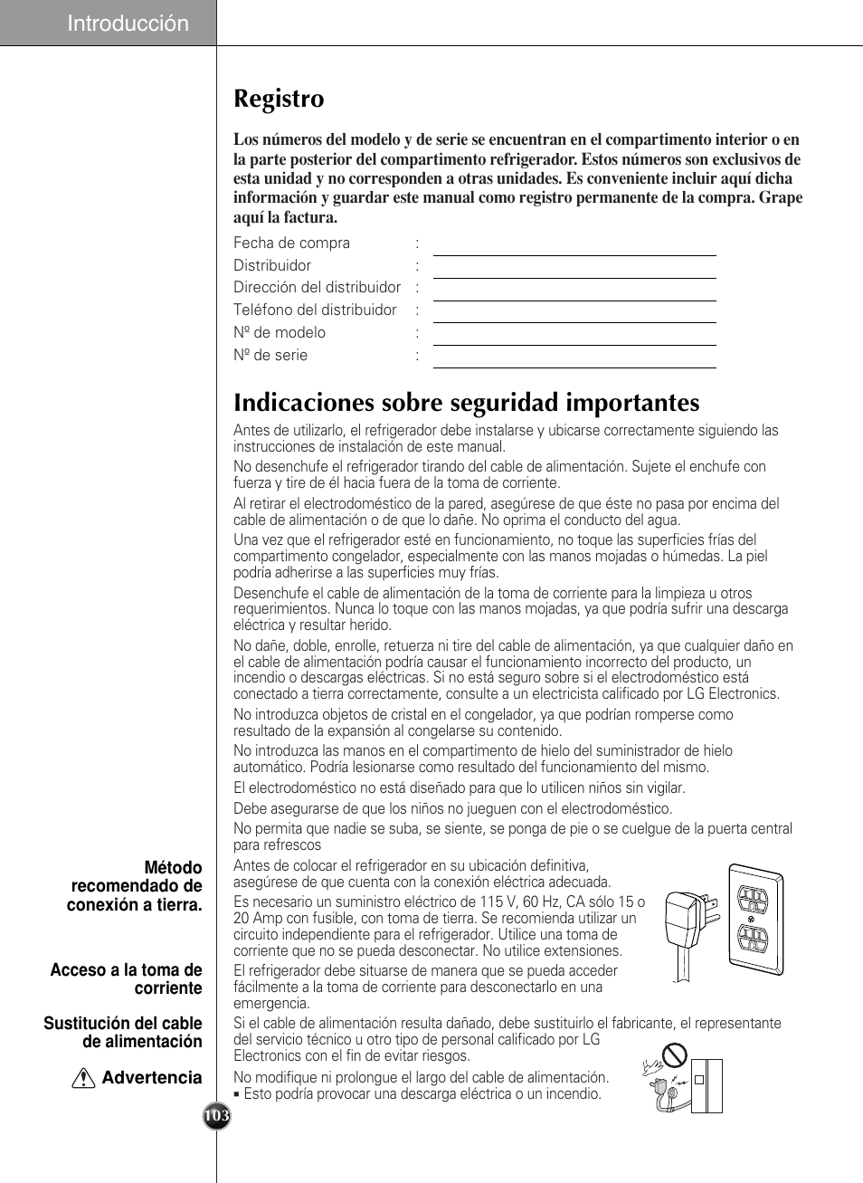 Registro, Indicaciones sobre seguridad importantes, Introducción | LG LSC27990TT User Manual | Page 101 / 191