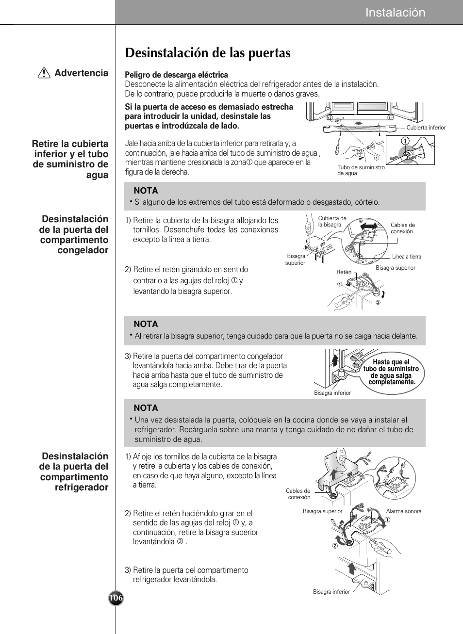 Desinstalación de las puertas, Instalación | LG LSC27990TT User Manual | Page 104 / 191