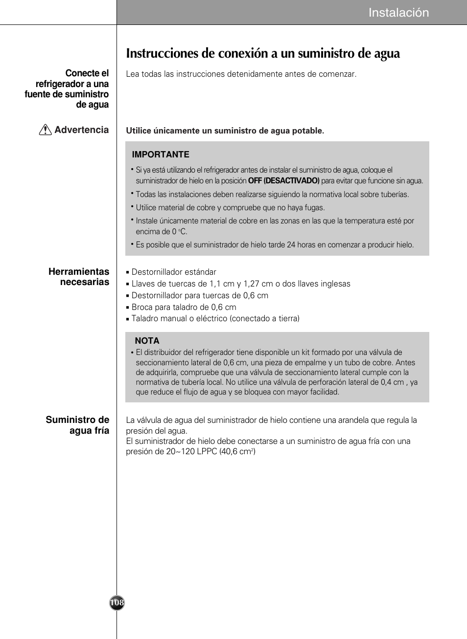 Instrucciones de conexión a un suministro de agua, Instalación | LG LSC27990TT User Manual | Page 106 / 191