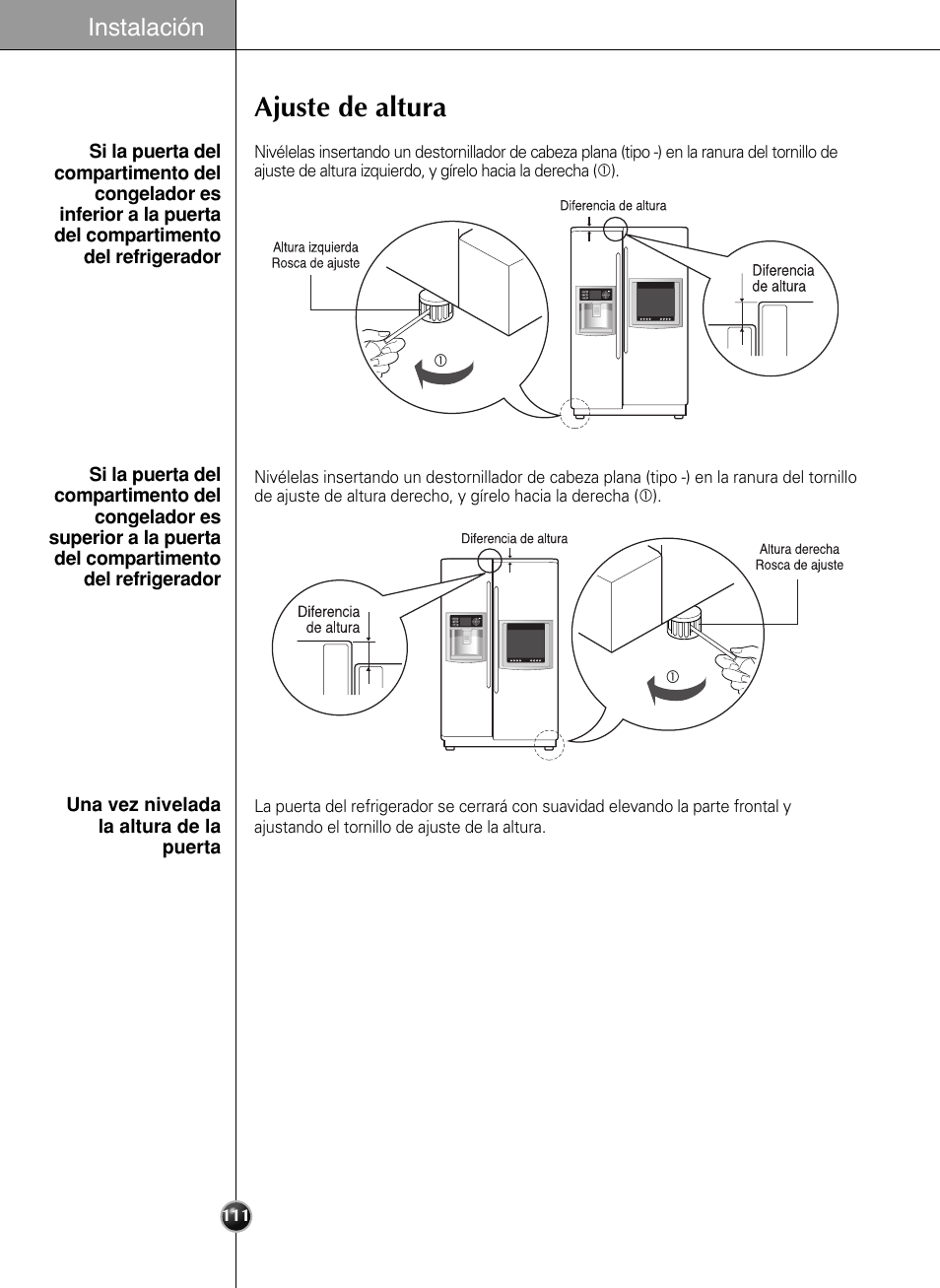 Ajuste de altura, Instalación | LG LSC27990TT User Manual | Page 109 / 191