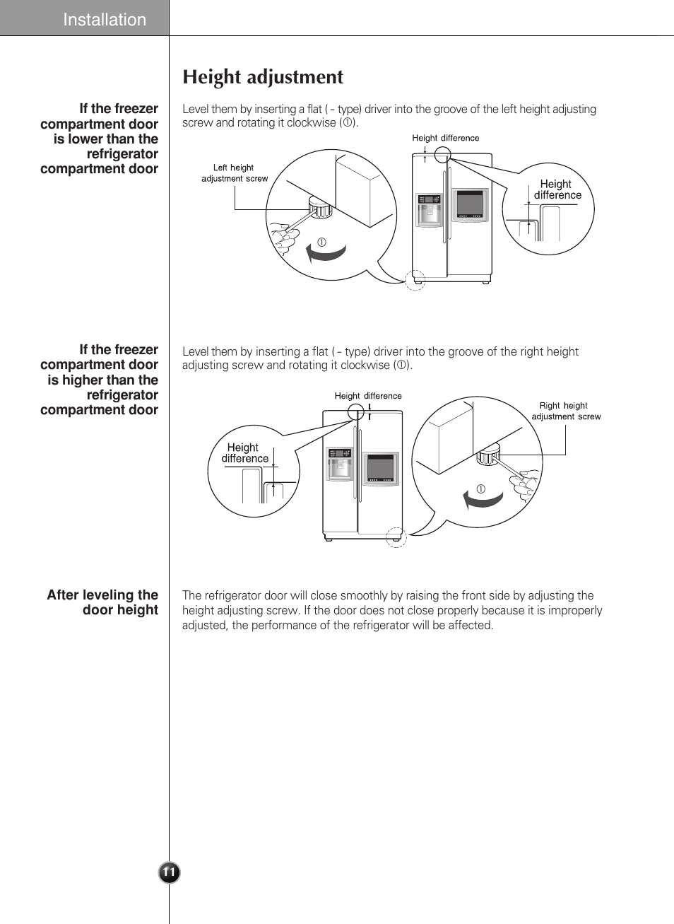 Height adjustment, Installation | LG LSC27990TT User Manual | Page 11 / 191