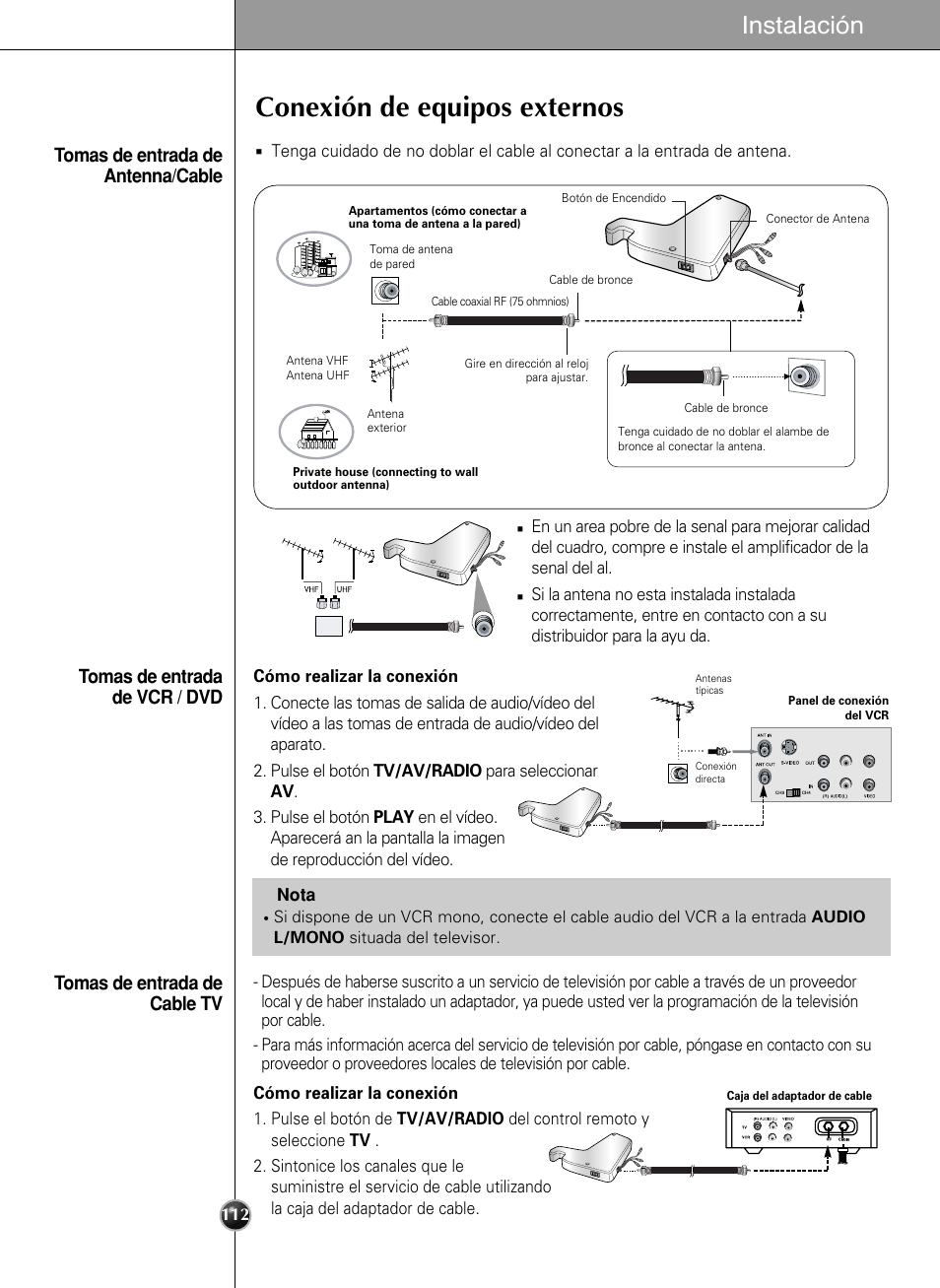 Conexión de equipos externos, Instalación | LG LSC27990TT User Manual | Page 110 / 191