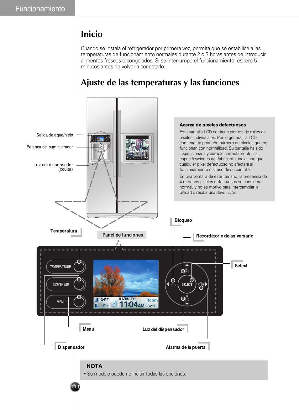 Inicio ajuste de las temperaturas y las funciones, Funcionamiento | LG LSC27990TT User Manual | Page 111 / 191