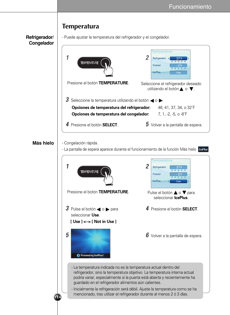 Temperatura, Funcionamiento | LG LSC27990TT User Manual | Page 112 / 191