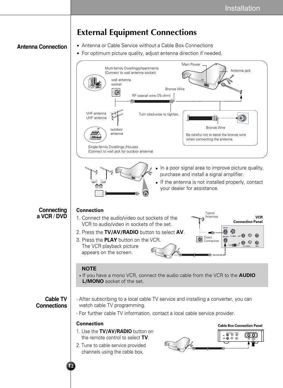 External equipment connections, Installation, Antenna connection | Connecting a vcr / dvd cable tv connections | LG LSC27990TT User Manual | Page 12 / 191