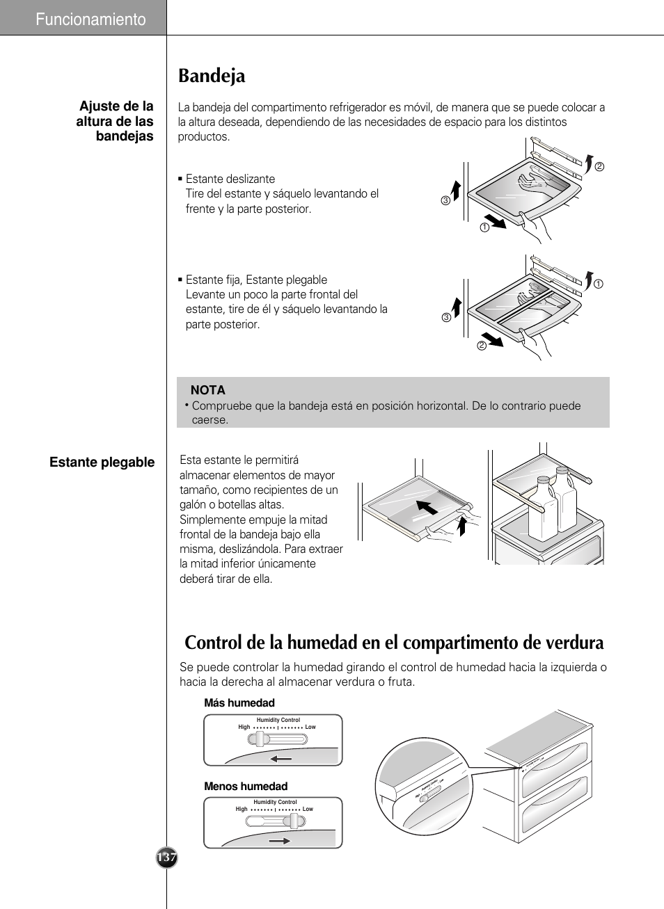 Bandeja, Funcionamiento, Ajuste de la altura de las bandejas | Estante plegable | LG LSC27990TT User Manual | Page 135 / 191