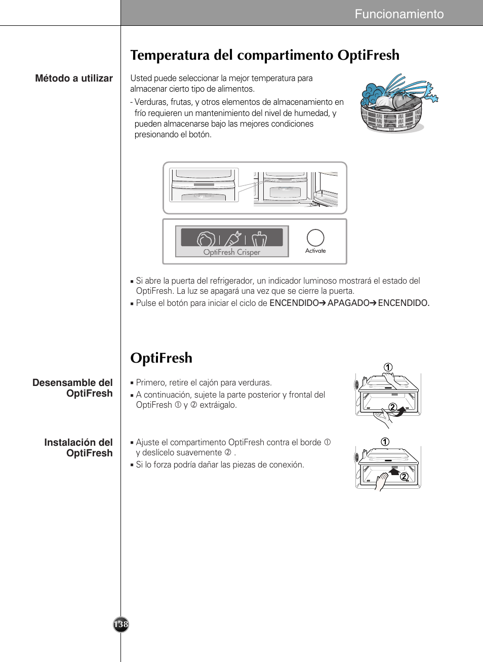 Temperatura del compartimento optifresh optifresh, Funcionamiento | LG LSC27990TT User Manual | Page 136 / 191