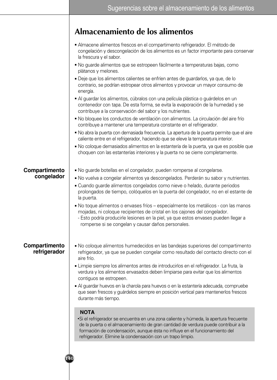 Almacenamiento de los alimentos | LG LSC27990TT User Manual | Page 138 / 191