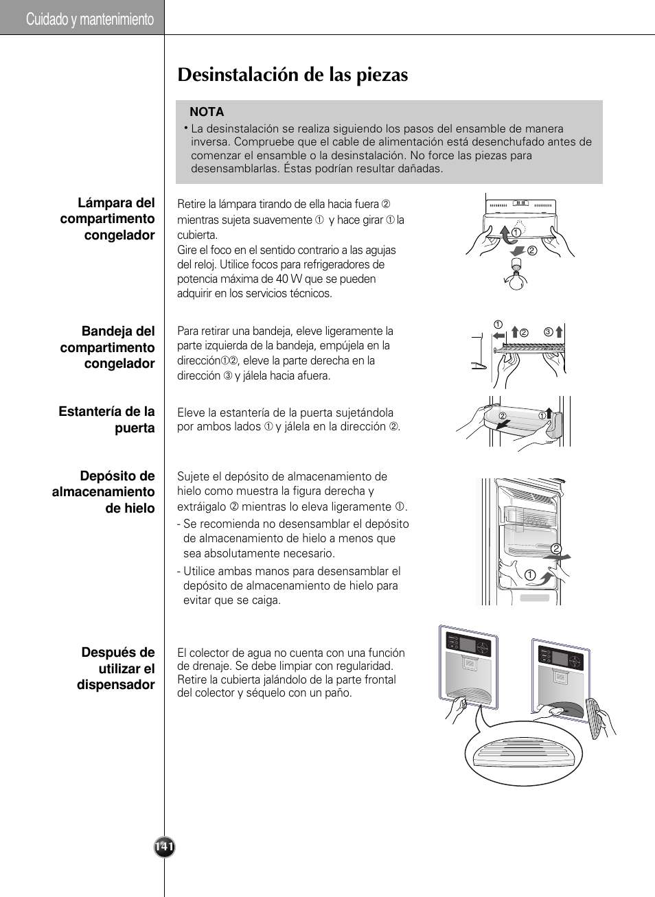 Desinstalación de las piezas, Cuidado y mantenimiento | LG LSC27990TT User Manual | Page 139 / 191