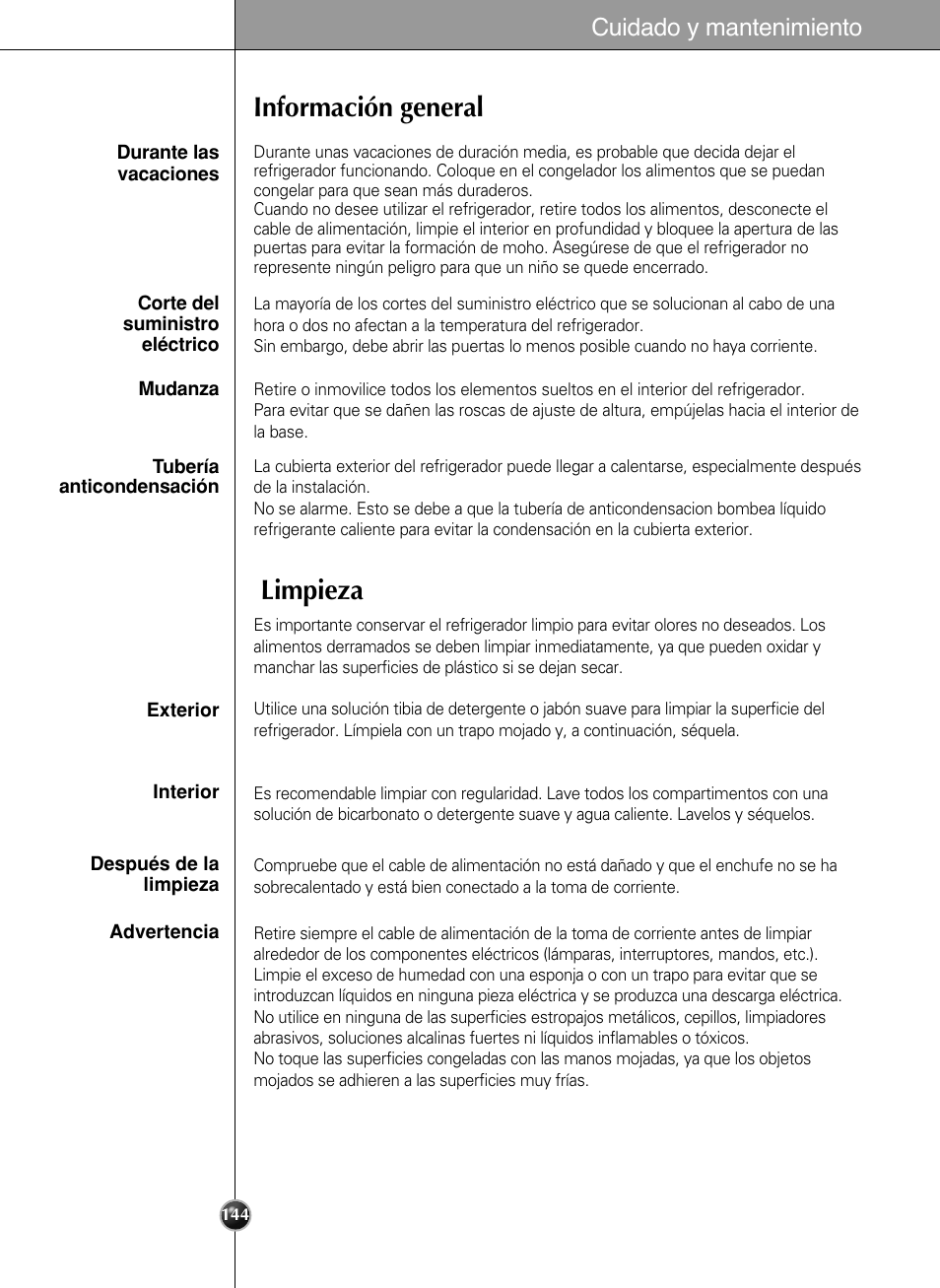 Información general limpieza, Cuidado y mantenimiento | LG LSC27990TT User Manual | Page 142 / 191