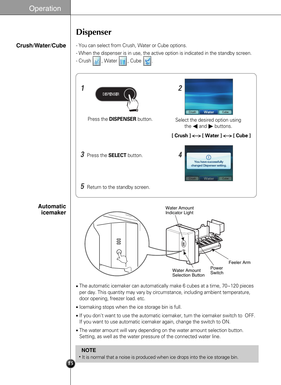 Dispenser, Operation | LG LSC27990TT User Manual | Page 15 / 191