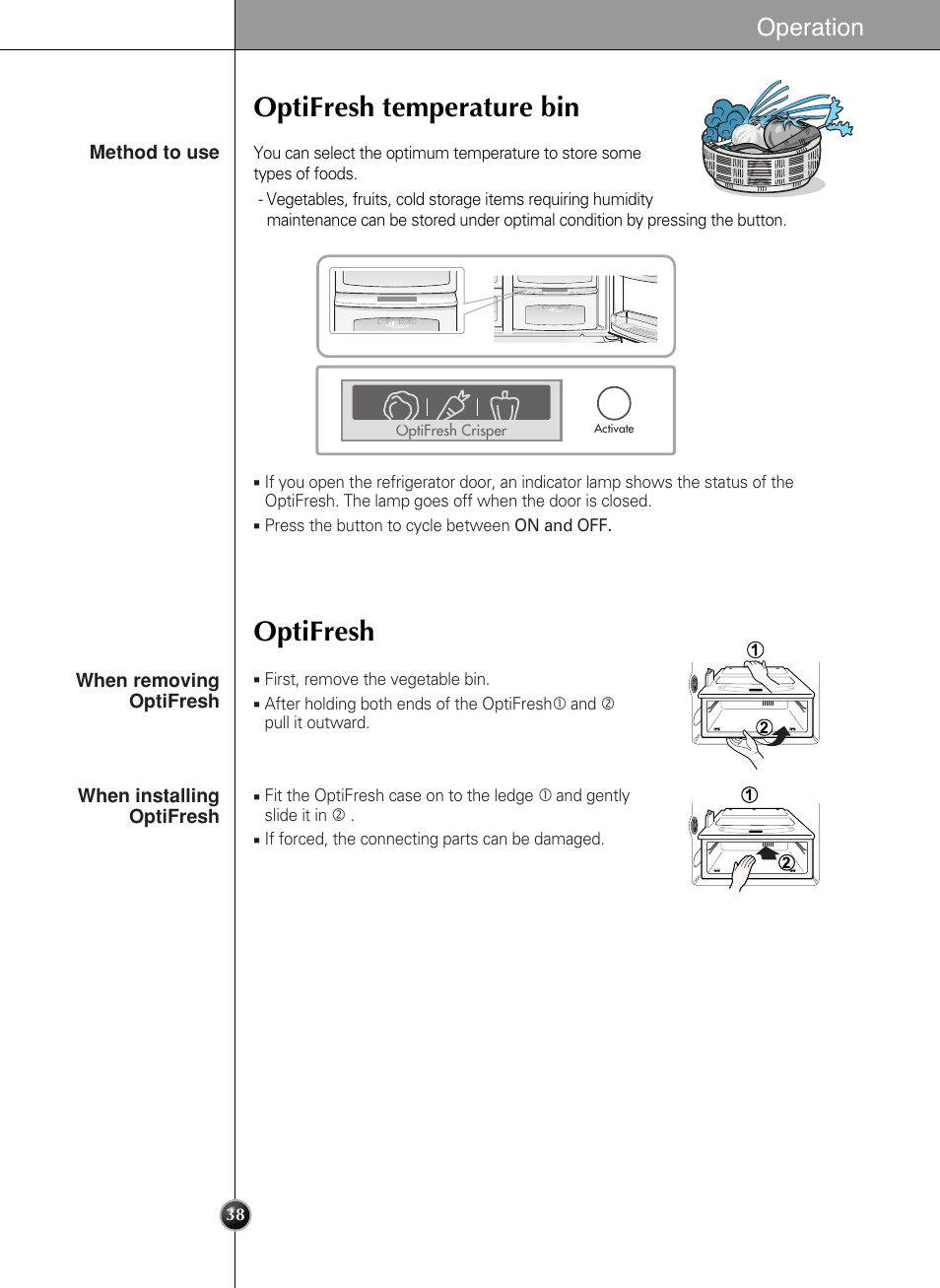 Optifresh temperature bin optifresh, Operation | LG LSC27990TT User Manual | Page 38 / 191