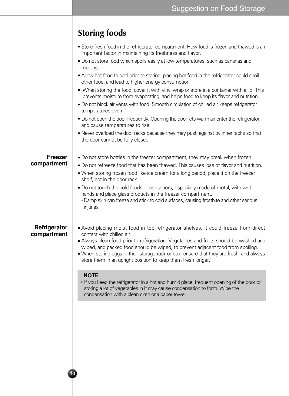 Storing foods, Suggestion on food storage | LG LSC27990TT User Manual | Page 40 / 191