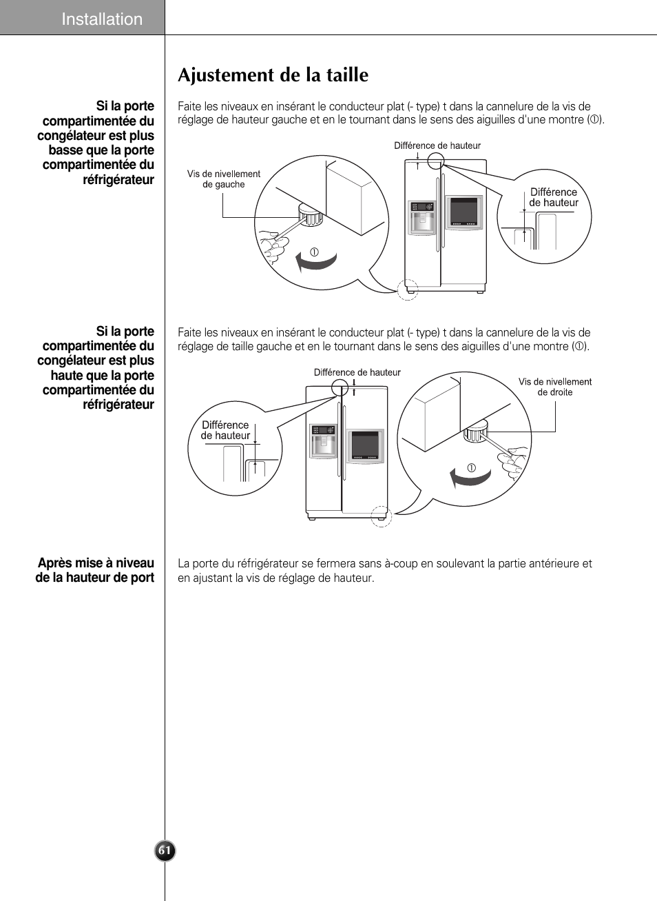 Ajustement de la taille, Installation | LG LSC27990TT User Manual | Page 60 / 191