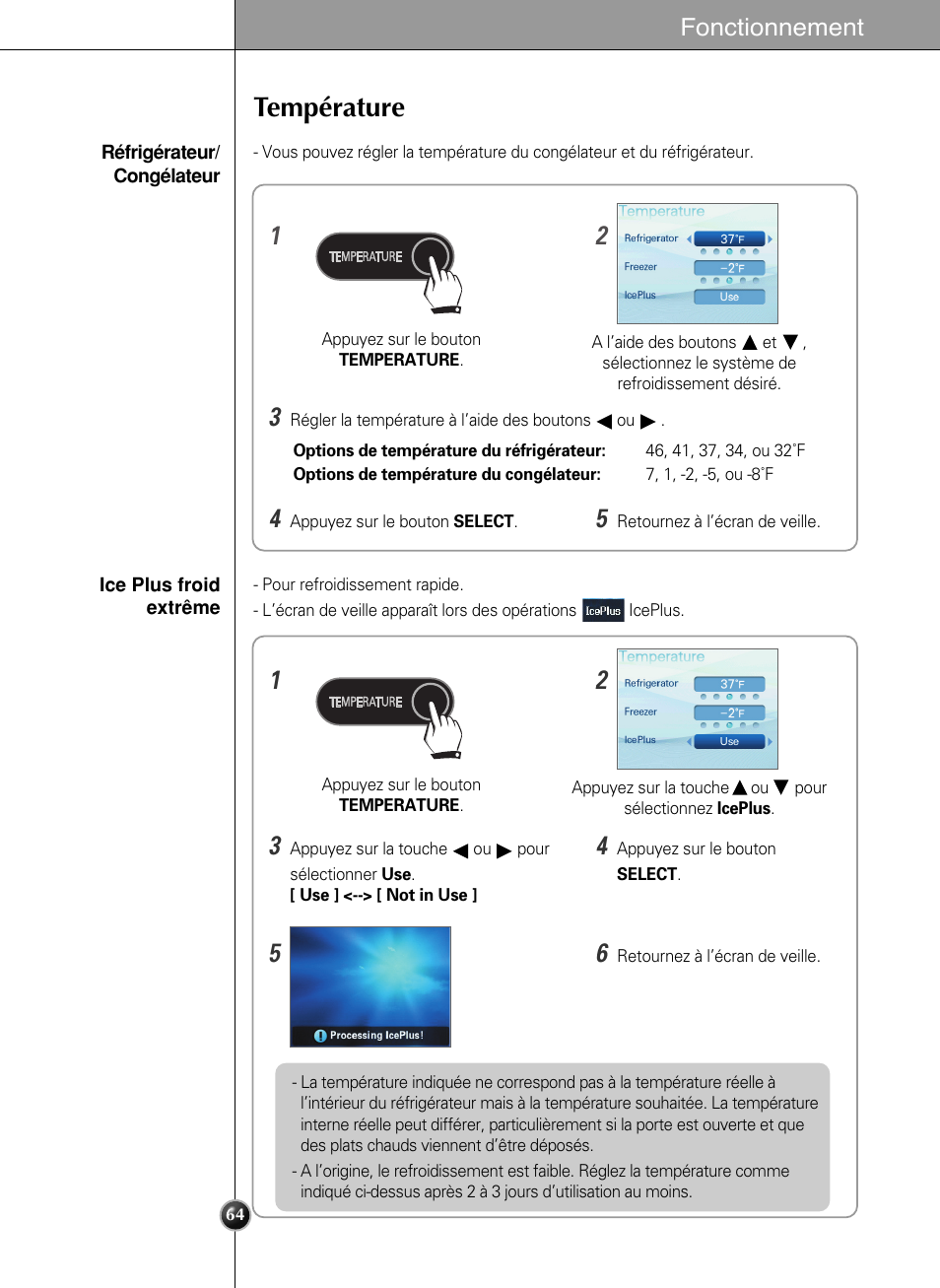 Température, Fonctionnement | LG LSC27990TT User Manual | Page 63 / 191