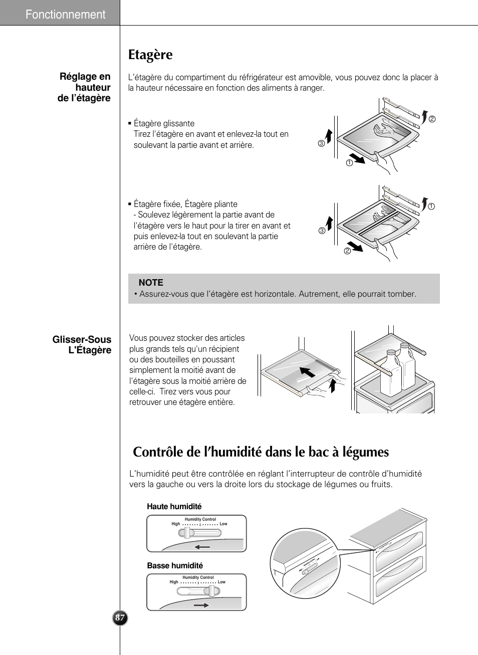 Etagère, Contrôle de l’humidité dans le bac à légumes, Fonctionnement | Réglage en hauteur de l’étagère, Glisser-sous l'étagère | LG LSC27990TT User Manual | Page 86 / 191