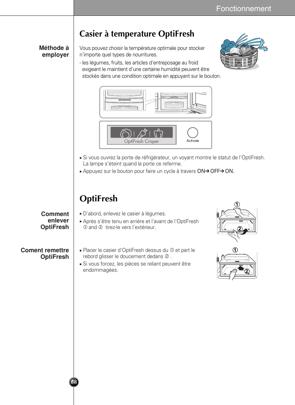 Casier à temperature optifresh optifresh, Fonctionnement | LG LSC27990TT User Manual | Page 87 / 191