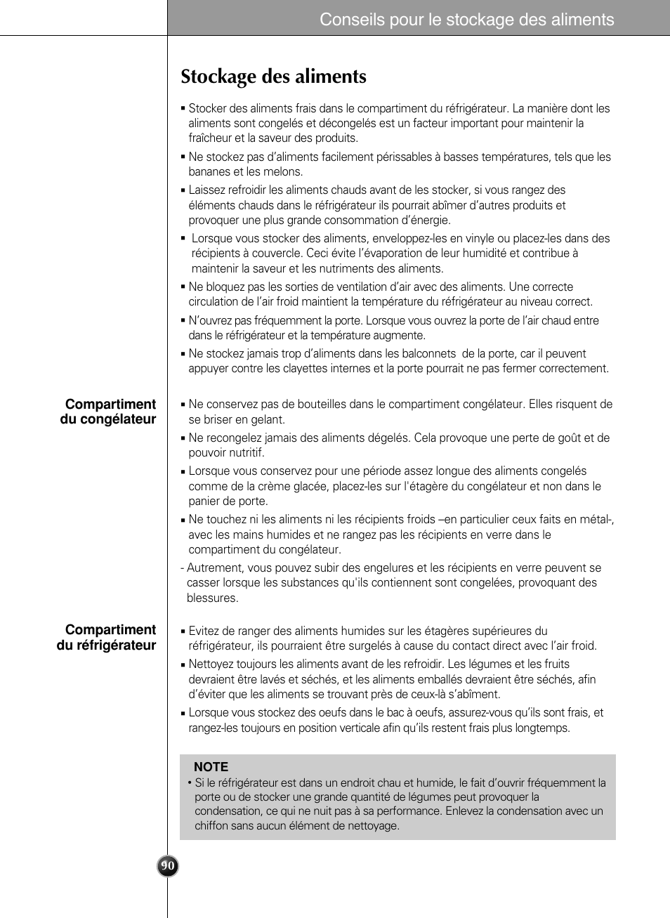 Stockage des aliments, Conseils pour le stockage des aliments | LG LSC27990TT User Manual | Page 89 / 191