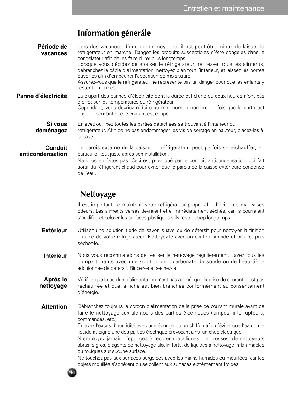 Information génerále nettoyage, Entretien et maintenance | LG LSC27990TT User Manual | Page 93 / 191