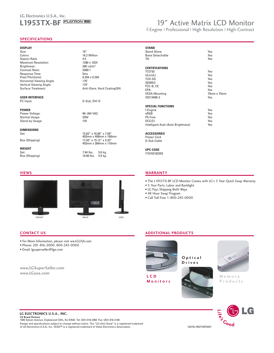 Lg electronics u.s.a., inc | LG L1953TX-BF User Manual | Page 2 / 2