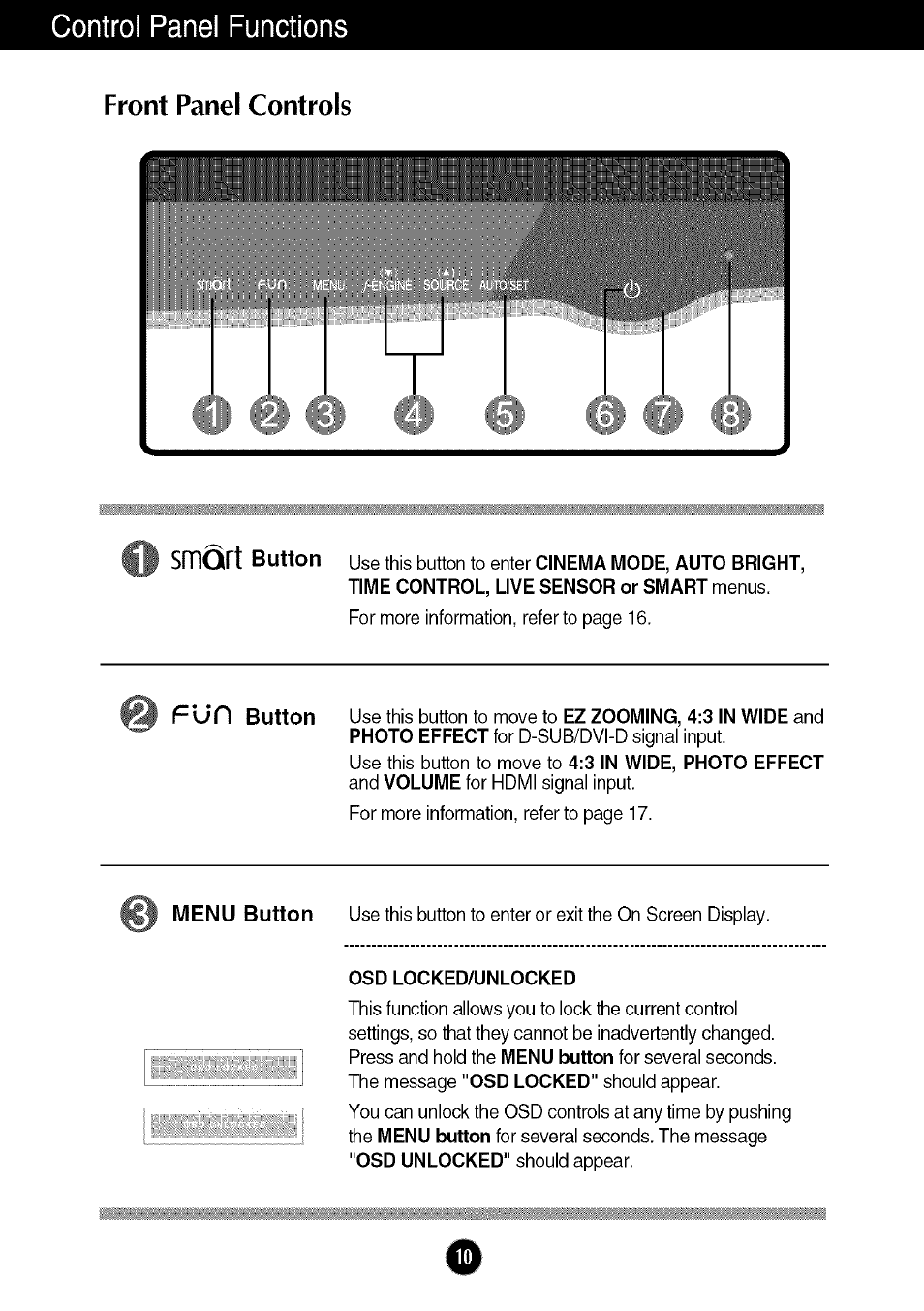 Front panel controls, Osd locked/unlocked, Control panel functions | LG W286L User Manual | Page 11 / 33