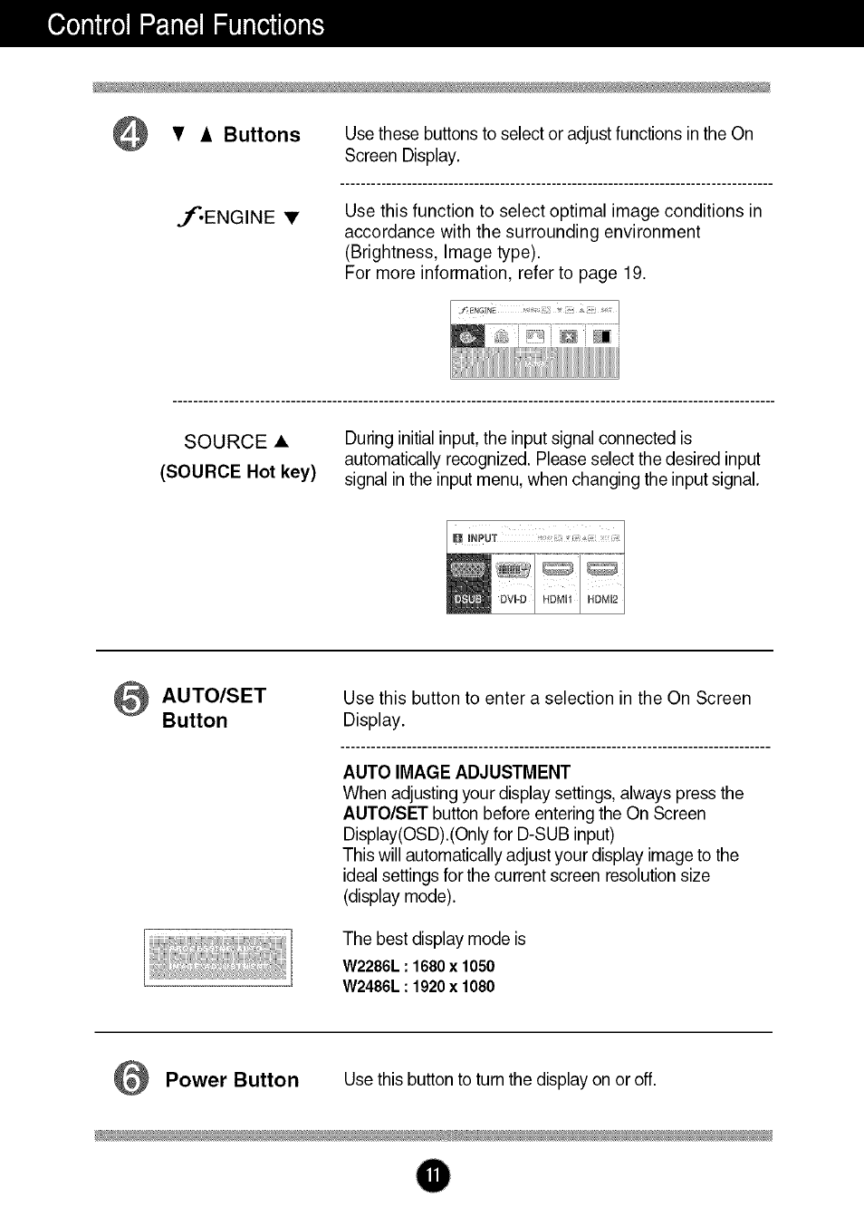 A buttons, Auto/set, Button | Auto image adjustment, Power button, Control panel functions, Auto/set button | LG W286L User Manual | Page 12 / 33