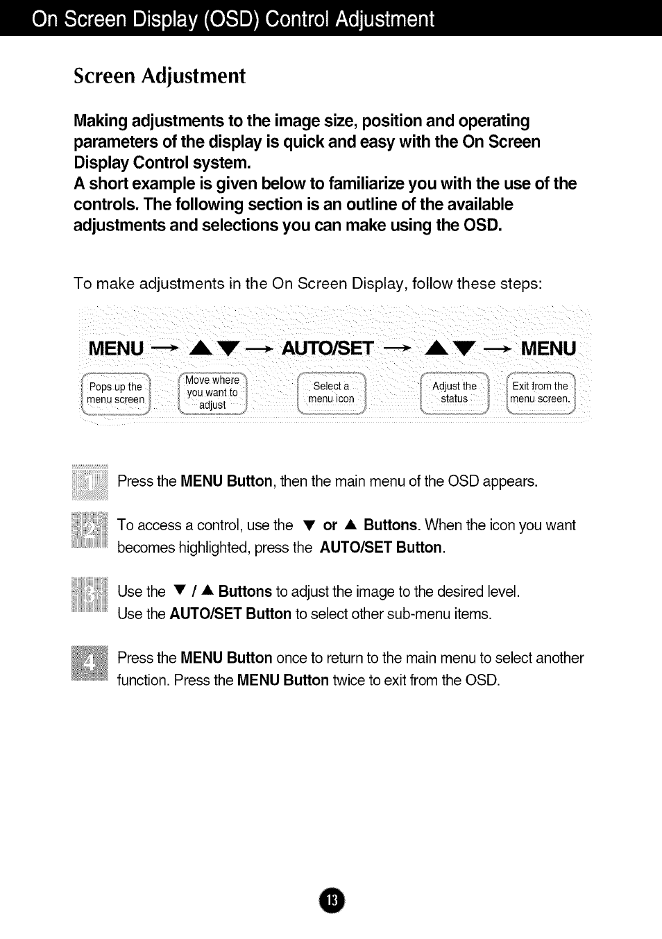 Screen adjustment, On screen display (osd) control adjustment, Menu | Auto/set | LG W286L User Manual | Page 14 / 33