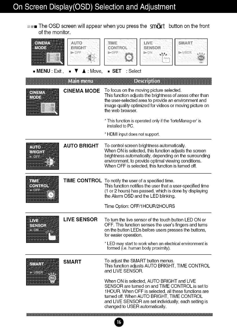 On screen display(osd) selection and adjustment | LG W286L User Manual | Page 17 / 33