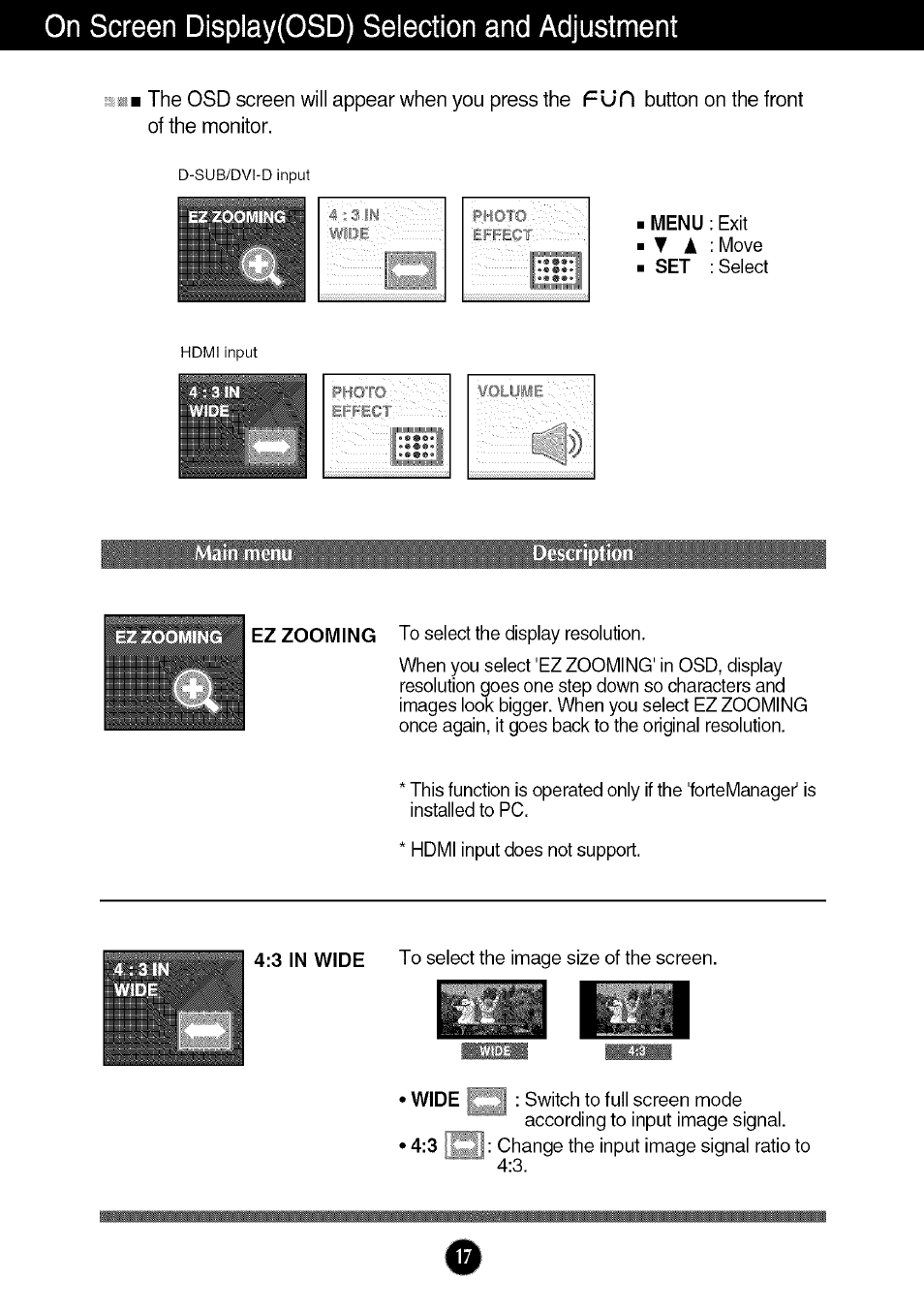 On screen display(osd) selection and adjustment | LG W286L User Manual | Page 18 / 33