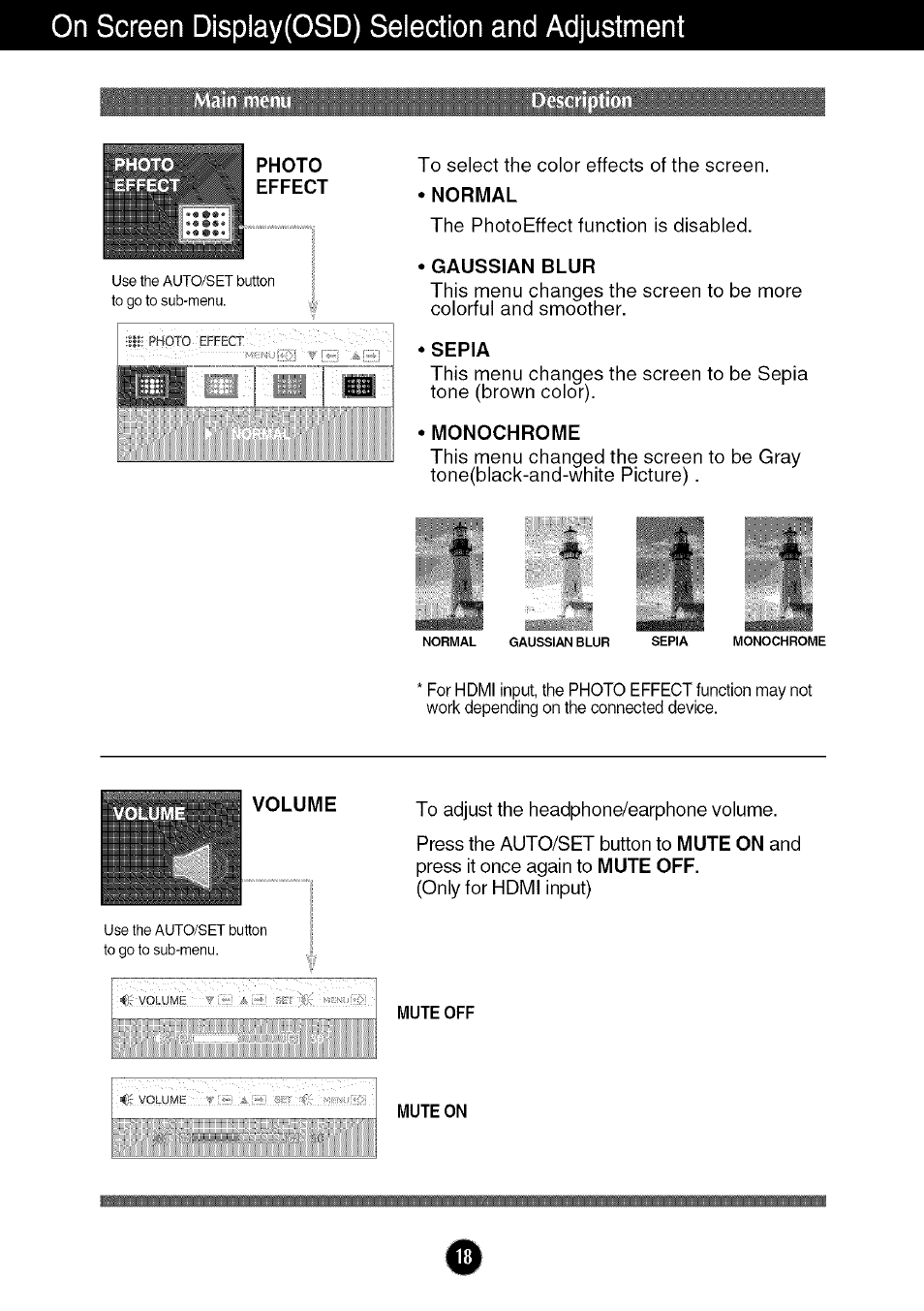 Photo, Effect, Normal | Gaussian blur, Sepia, Monochrome, I i volume, On screen display(osd) selection and adjustment | LG W286L User Manual | Page 19 / 33