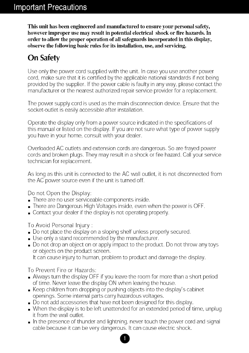 Important precautions, On safety | LG W286L User Manual | Page 2 / 33