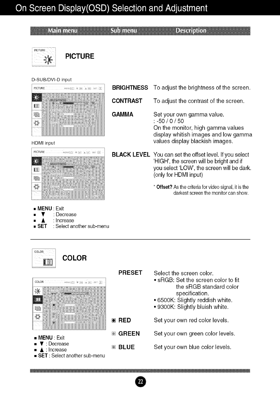 On screen display(osd) selection and adjustment, Picture, Color | LG W286L User Manual | Page 23 / 33