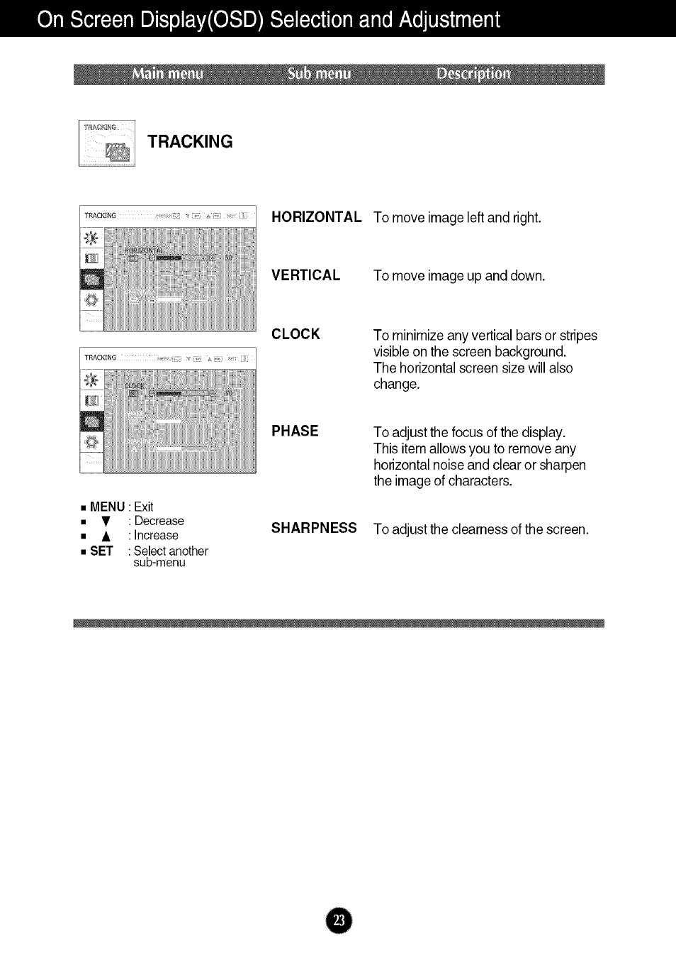 On screen display(osd) selection and adjustment | LG W286L User Manual | Page 24 / 33