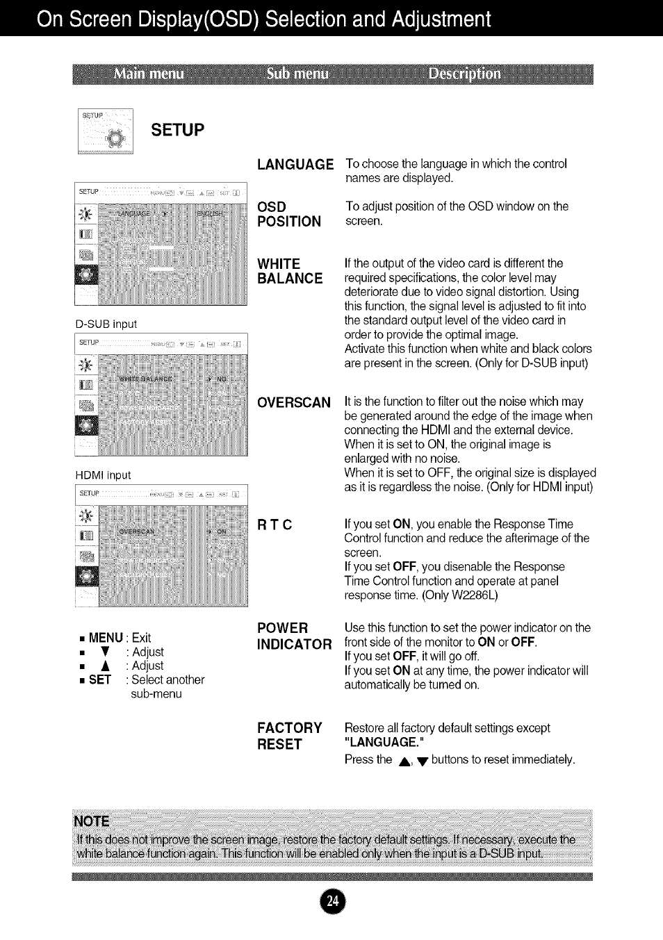 I menu, I set, Note | On screen display(osd) selection and adjustment, Setup b | LG W286L User Manual | Page 25 / 33