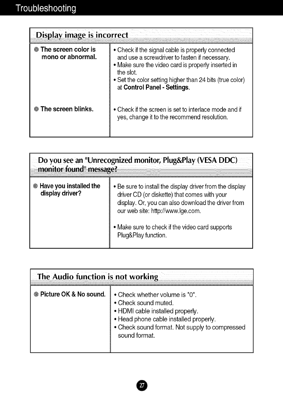 Troubleshooting | LG W286L User Manual | Page 28 / 33