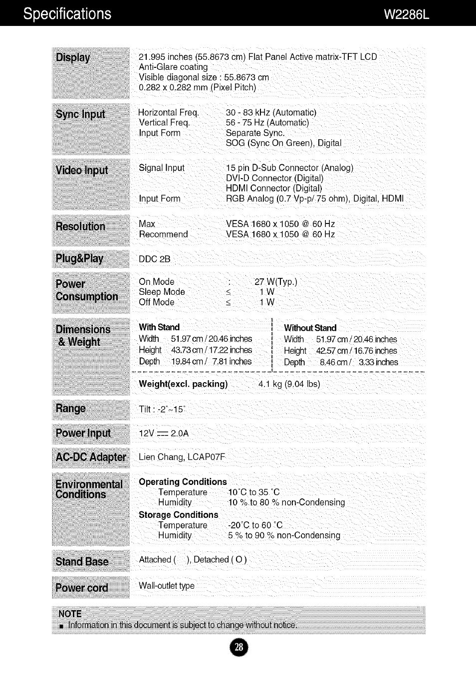 Resolution, Plug&play, Power | Consumption, Dimensions & weight, Range, Power input, Specifications, W2286l | LG W286L User Manual | Page 29 / 33