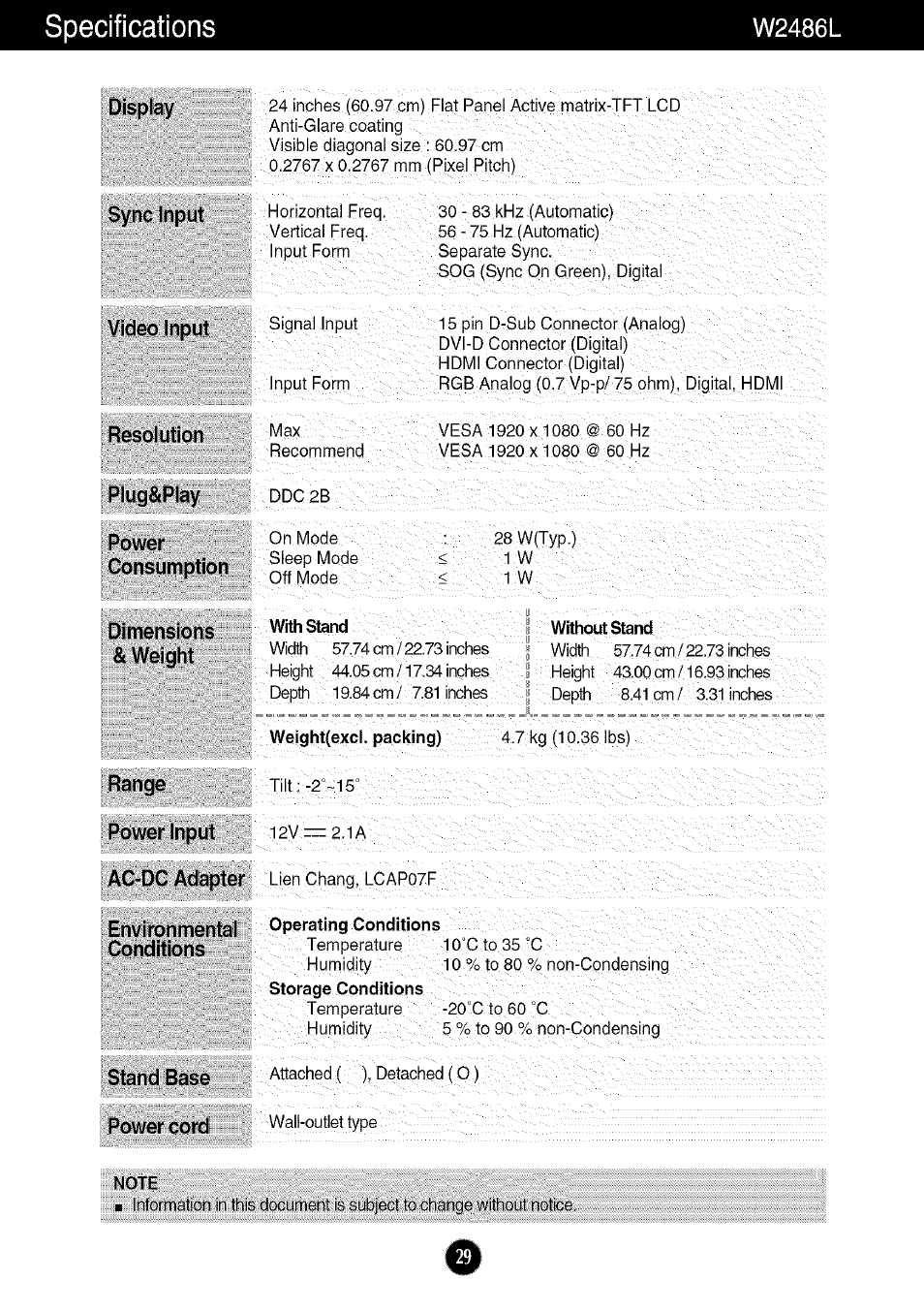 Display, Sync input, Resolution | Plug&play, Power, Consumption, Dimensions & weight, Range, Power input, Ac-dc adapter | LG W286L User Manual | Page 30 / 33